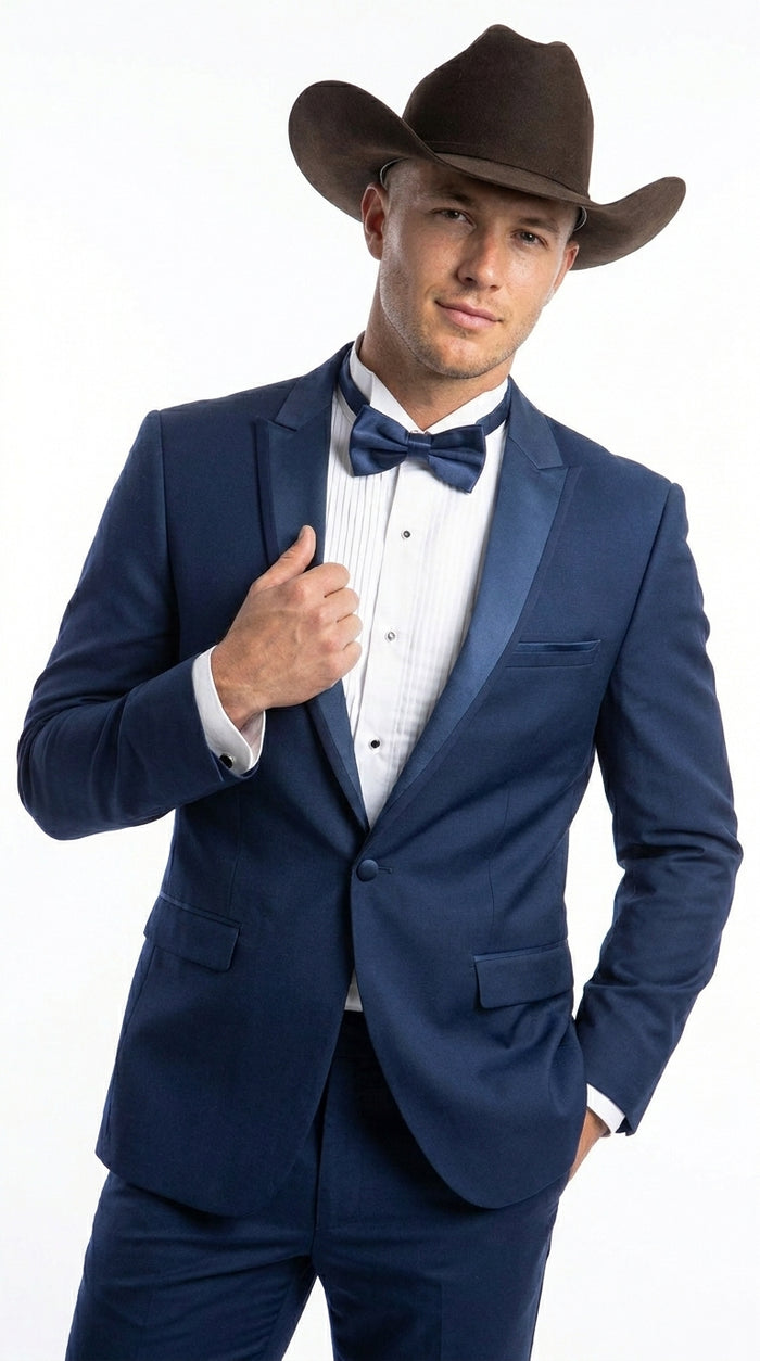 Men’s Saphire Indigo Blue Western Tuxedo Suit, Formal Wedding Prom Cowboy Tuxedo with Blue