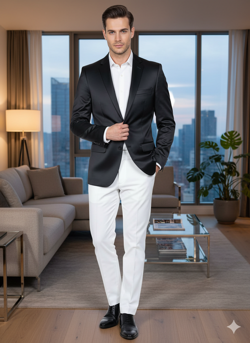 Mens Black Satin Blazer Classic Slim Fit Two-Button Formal Suit Jacket for Weddings, Parties, and Business Events