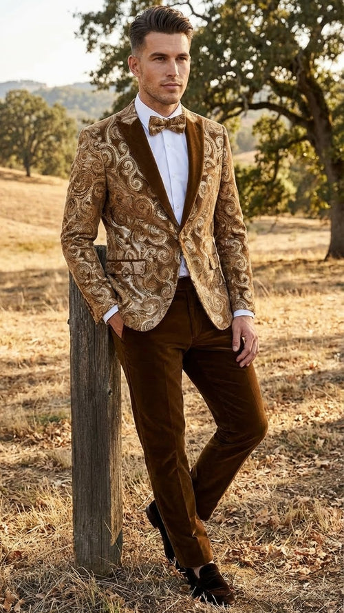 Mens Goldish Light brown Tuxedo dinner Jacket Embroidered Blazer Velvet Jacket for Formal Paisley Pattern Coffee Mocca Color