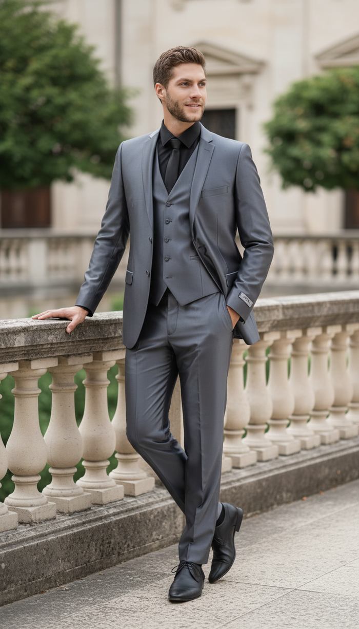 Mens Dark Grey Shiny Two-Piece Suit Slim Fitted Formal Jacket and Tailored Pants - Sateen Metalic in Charcoal Gray Color