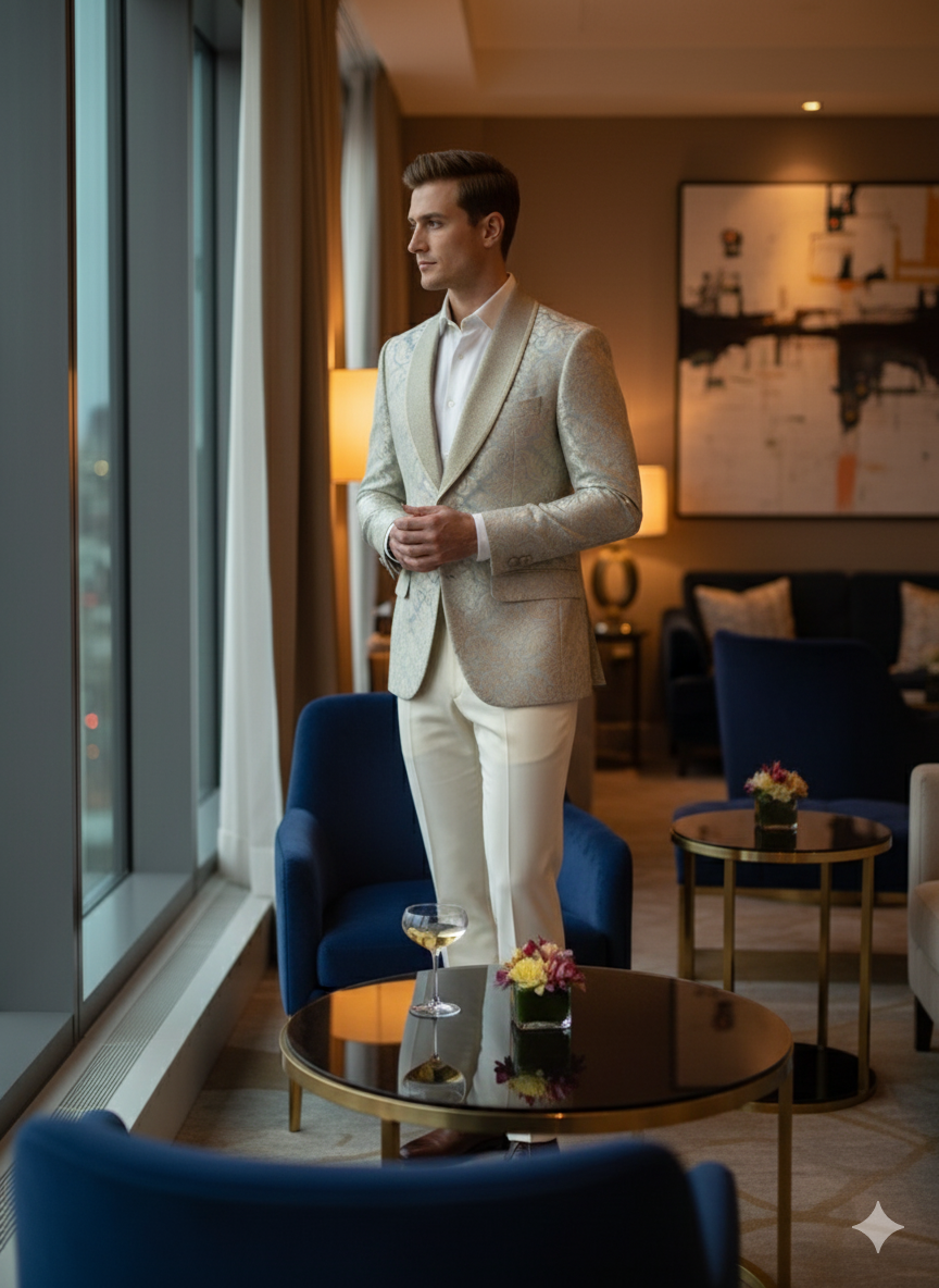 Men’s Champaign Silver and Cream Embroidered Luxury Blazer – Floral Pattern Wedding & Party Dinner Jacket in Light Tan Color - 36 Short