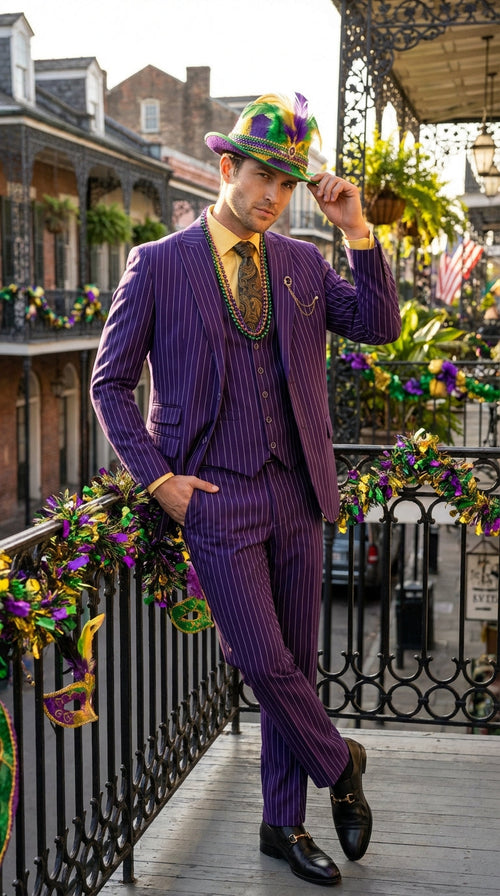 Mens Purple Pinstripe Mardi Gras Suit | Three Piece Carnival Formal Suit with Vest