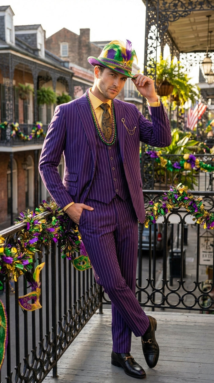 Mens Purple Pinstripe Mardi Gras Suit | Three Piece Carnival Formal Suit with Vest