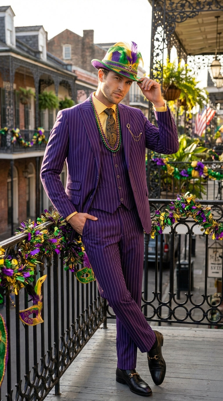 Mens Purple Pinstripe Mardi Gras Suit | Three Piece Carnival Formal Suit with Vest
