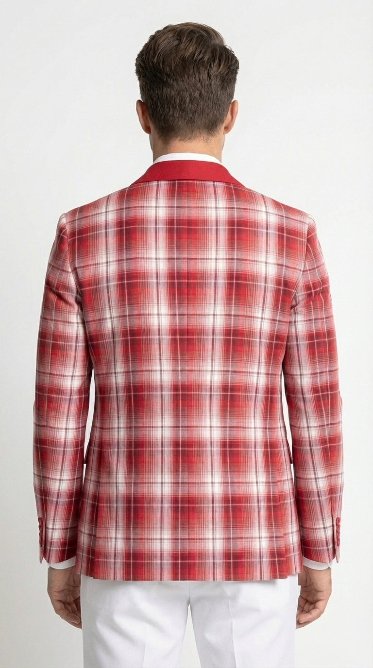 Mens Tartan Red and White Plaid Blazer – Check Pattern Sport Coat Red Shawl Lapel Party Christmas Holiday New Year - 36 Short
