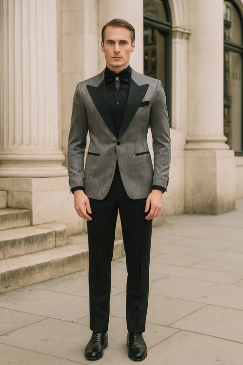 Silver Metallic Tuxedo Suit with Black Satin Peak Lapel Mens Slim Fit Formal Wedding and Prom Attire in Charcoal Grey With Pants