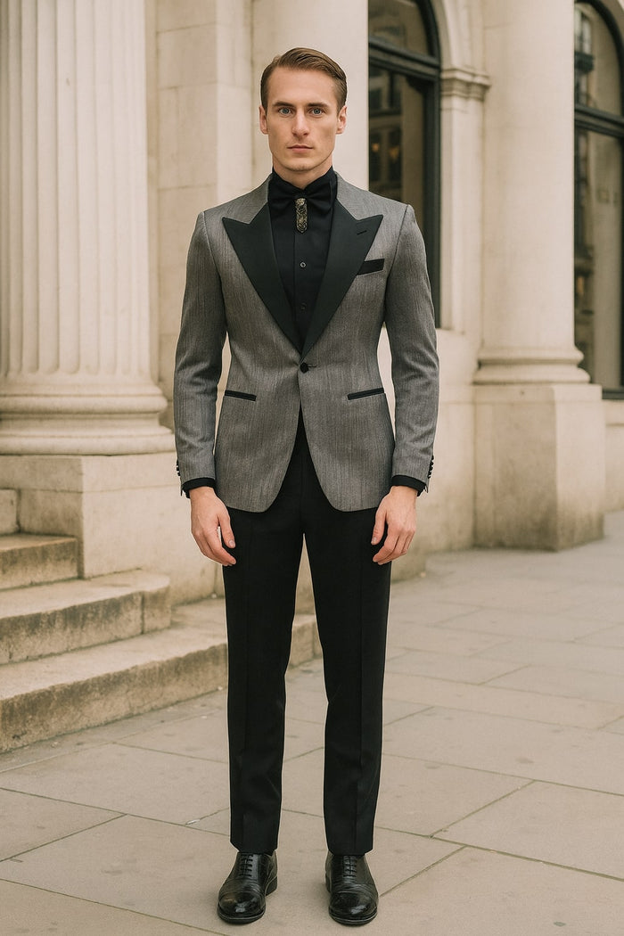Silver Metallic Tuxedo Suit with Black Satin Peak Lapel Mens Slim Fit Formal Wedding and Prom Attire in Charcoal Grey With Pants