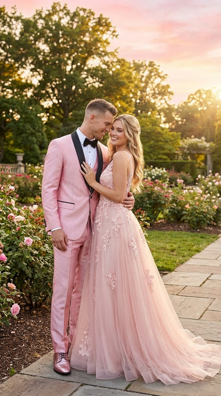 Men’s Blush Pink Shiny 3 Piece Suit with Black Shawl Lapel | Light Pink Prom Suit Sharkskin Fabric - Ultra Slim Fit - 34 Short or Extra Small