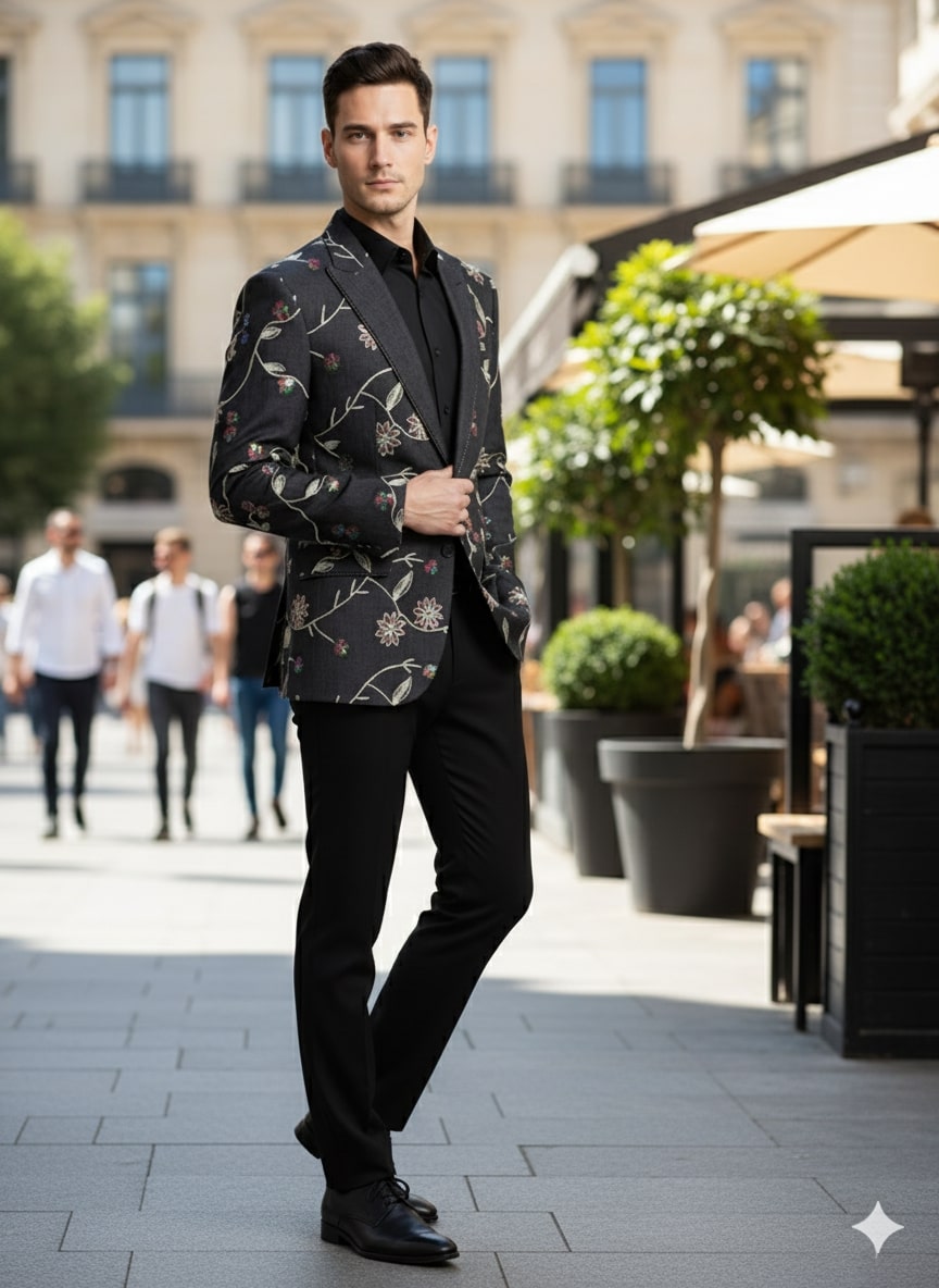 Luxury Black Floral Embroidered Blazer for Men – Designer Party and Wedding Wear Jacket - 36 Short