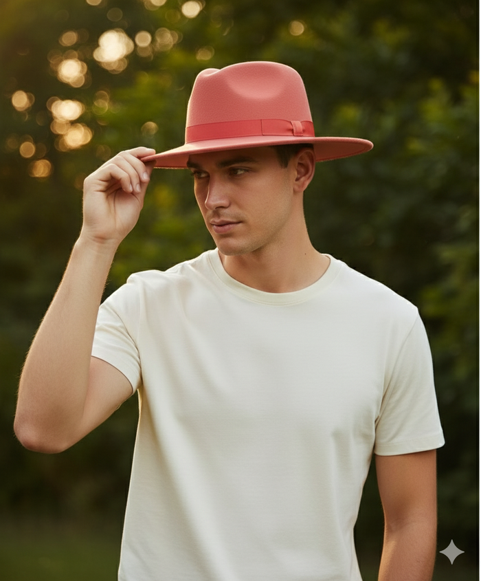 Mens Coral Pink Wide Brim Fedora Hat Wool Felt Dress Hat with Red Ribbon Band