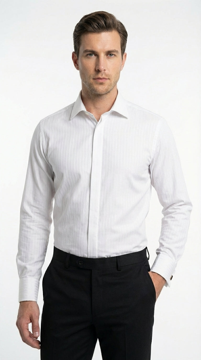 Mens White Herringbone Shadow and Tone on Tone Dress Shirt – Classic Formal Wedding - 15.5"Neck-34-35" Sleeve