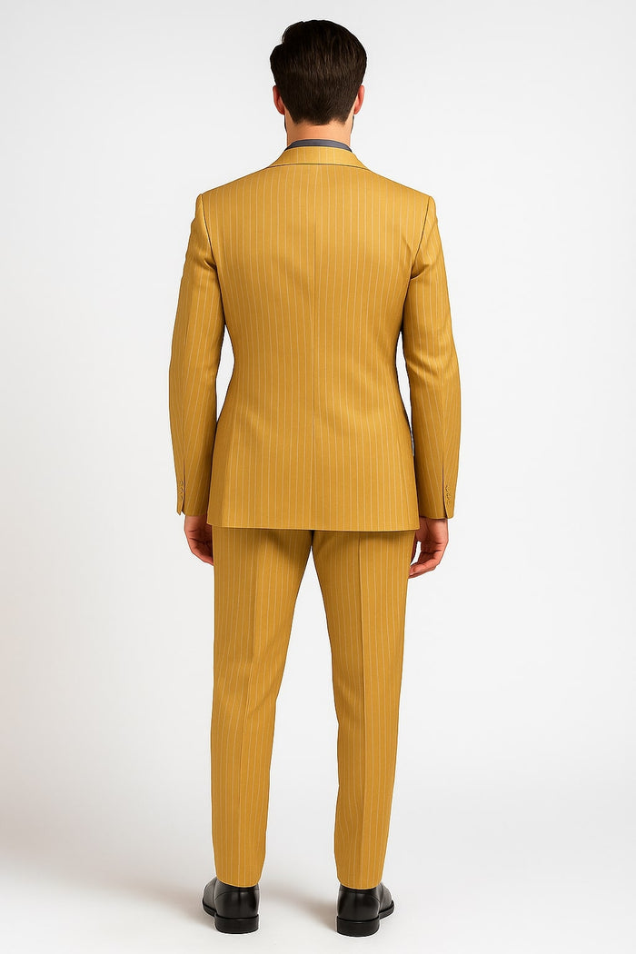 Mens Camel Tan Pinstripe Double-Breasted Suit Bold 6-Button Modern Vintage Style