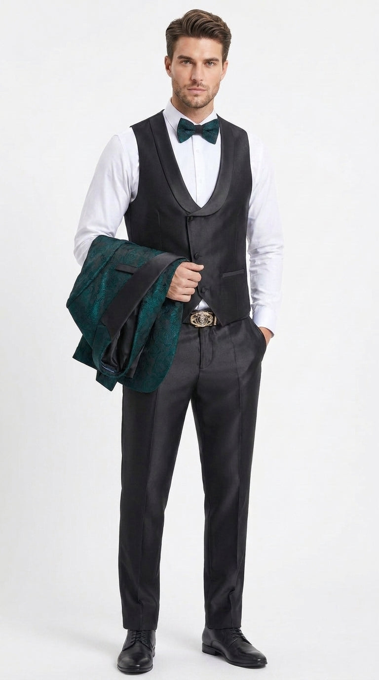 Tazzio Men’s Hunter Green & Black Paisley Tuxedo – Skinny Fit Shawl Collar 3-Piece Prom and Wedding Suit - 34 Short or Extra Small