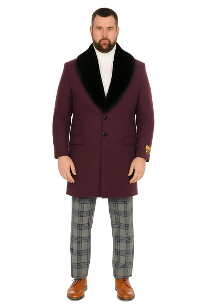 Mens Purple Wool Overcoat with Black Faux Fur Collar Luxury Winter Dress Coats for Formal and Casual Wears
