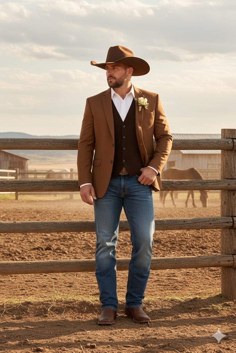 Mens Rust Copper Brown Western Blazer â€“ Cowboy Style Classic Tailored Jacket for Weddings, Rodeos and Country Events - 36 Short