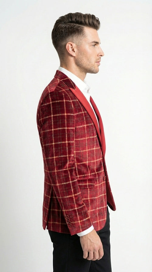 Mens Red Burgundy Plaid Blazer with Contrast Lapel – Velvet Fabric Check Prom Blazer Jacket for Party, Christmas New Year Holiday Jacket