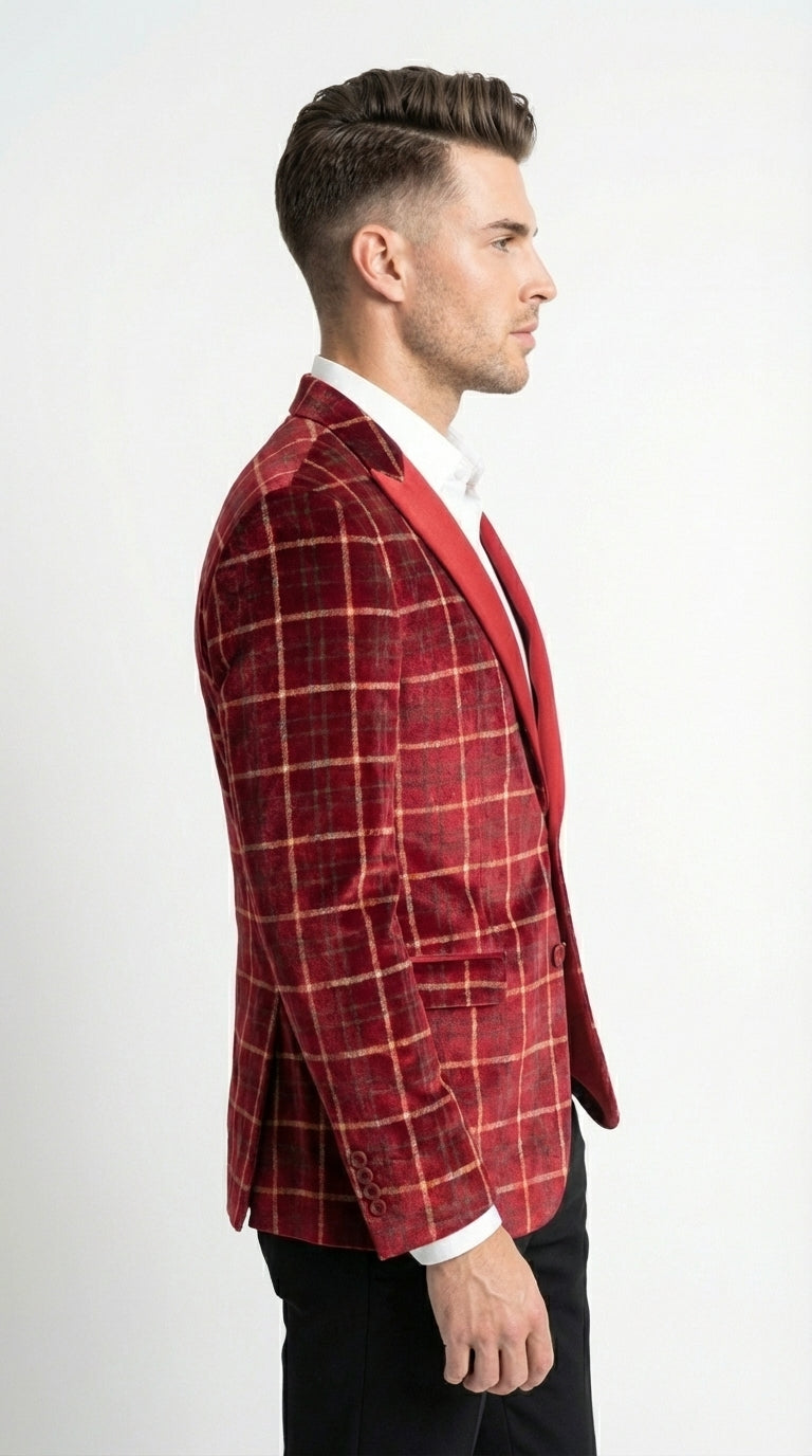 Mens Red Burgundy Plaid Blazer with Contrast Lapel – Velvet Fabric Check Prom Blazer Jacket for Party, Christmas New Year Holiday Jacket - 36 Short
