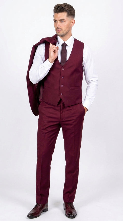 Men’s Stacy Adams Brand Burgundy 3 Piece Suit – Two Button Vested Style church wedding Modern Fit Suit