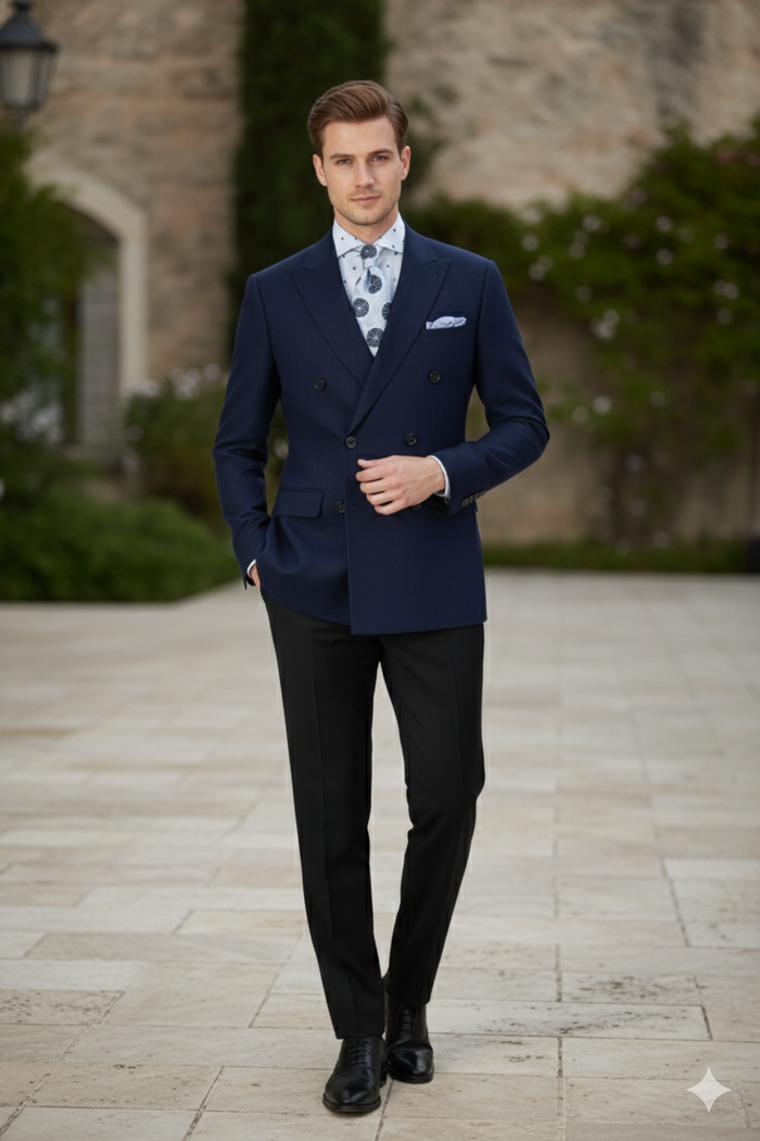 Mens Navy Blue Double-Breasted Blazer - Suit Jacket Premium Tailored Fit Formal Wedding and Business Sport Coat
