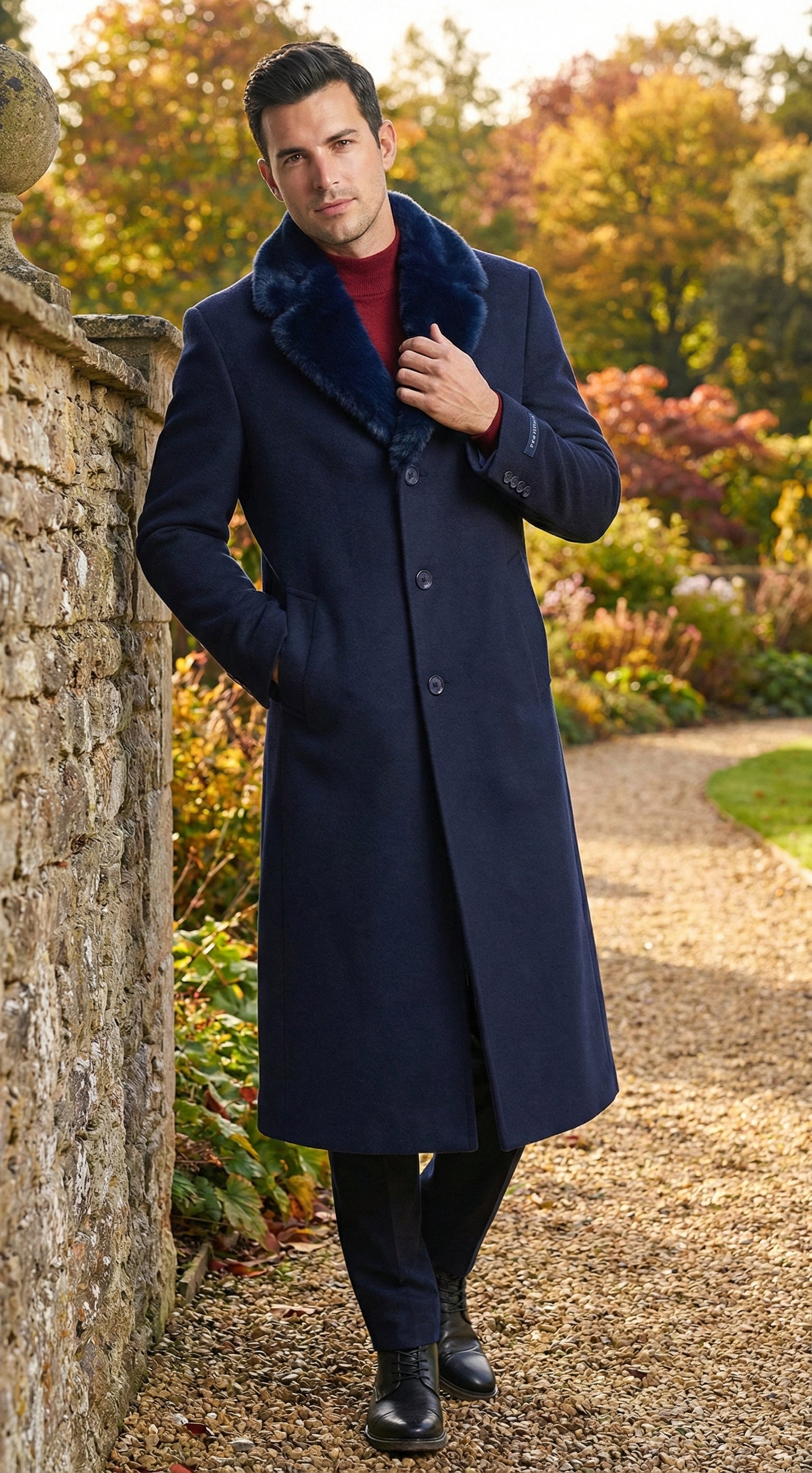 Mens Dark Navy Blue Long Overcoat with Faux Fur Collar, Classic Winter Dress Coat for Formal - Coat Size 38
