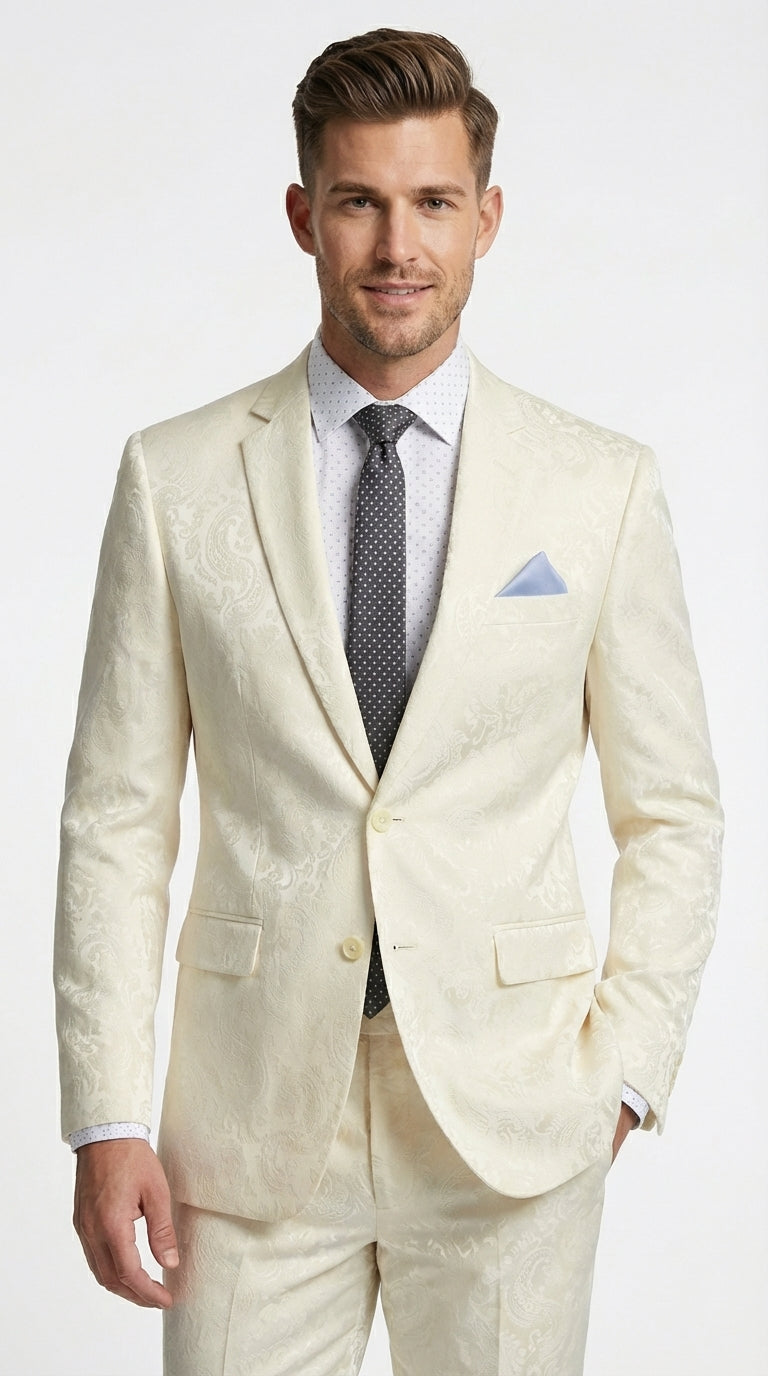 Men’s Ivory Paisley Shiny Suit – Flroal Formal Wedding and Prom Suit for Party, in Cream Off White - 34 Short or Extra Small