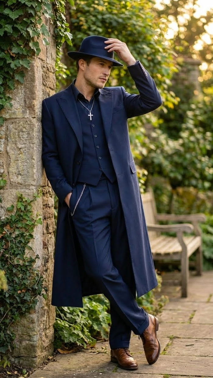 Mens Navy Blue 1920s Zoot Suit Long Mafia Gangster Three-Piece Vintage Costume Set Suit Pachuco Style
