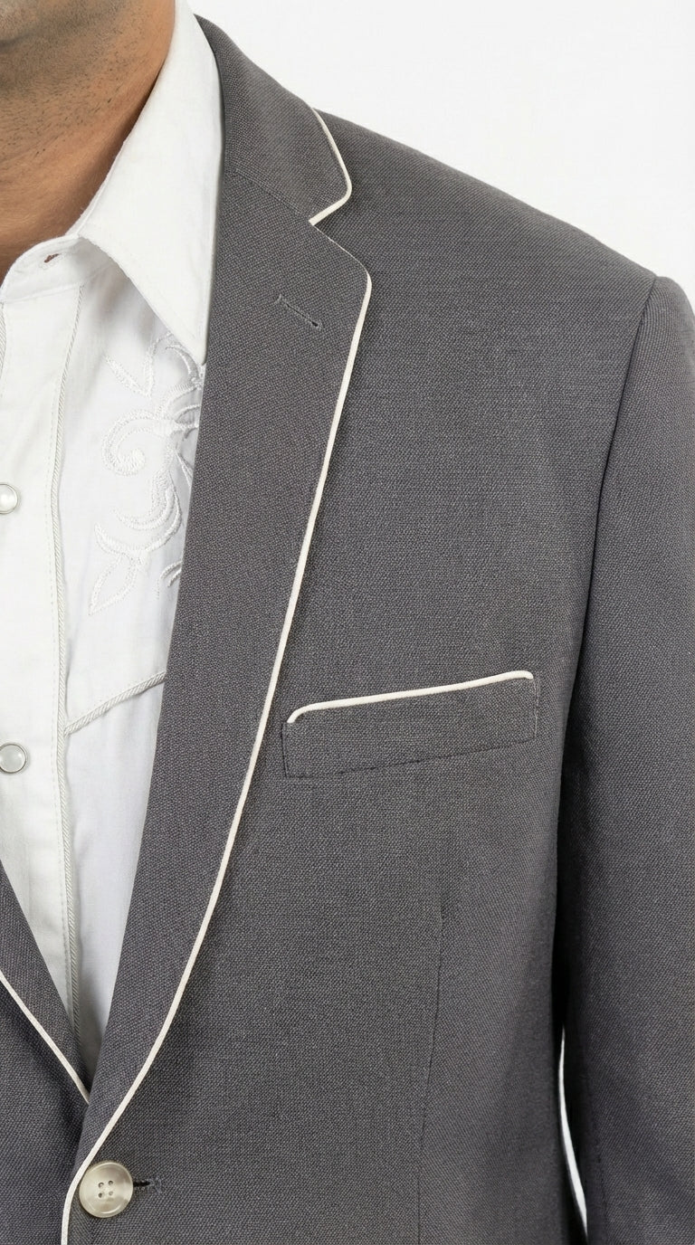 Mens Grey and White Trim Western Blazer – Classic Fit Cowboy Style Contrast Trim Dress Jacket - 34 Short