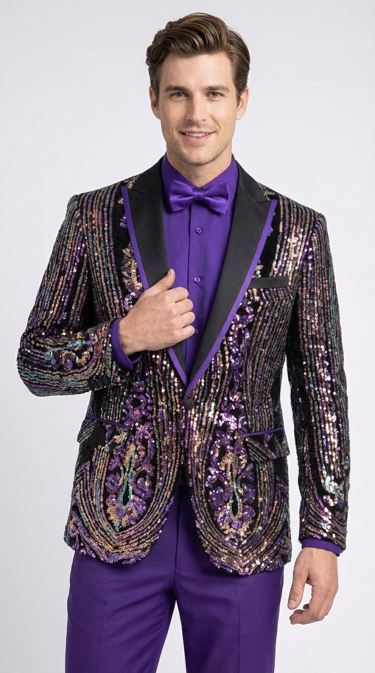 Mens Mardi Gra Black and Purple and Gold Sequin Tuxedo Jacket Set – Designer with Floral Pattern Jacket Formal Wedding Party Wear Bowtie