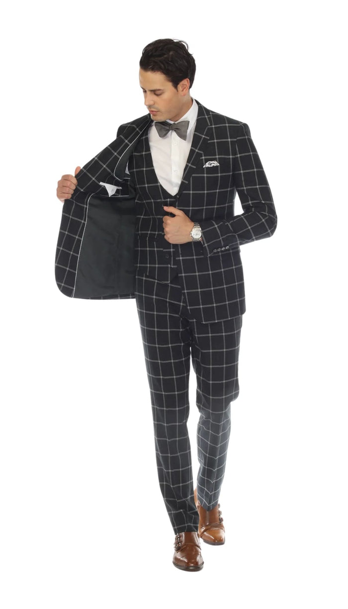 Mens Plaid Suit - Black Windowpane Suit - 1920 Suits
