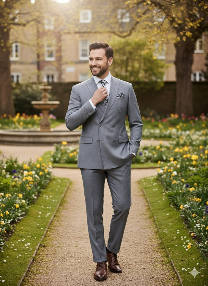Mens Grey Tone on Tone Double-Breasted Suit Classic Slim Fit 2 Piece Formal Business Gray Shadow Stripe