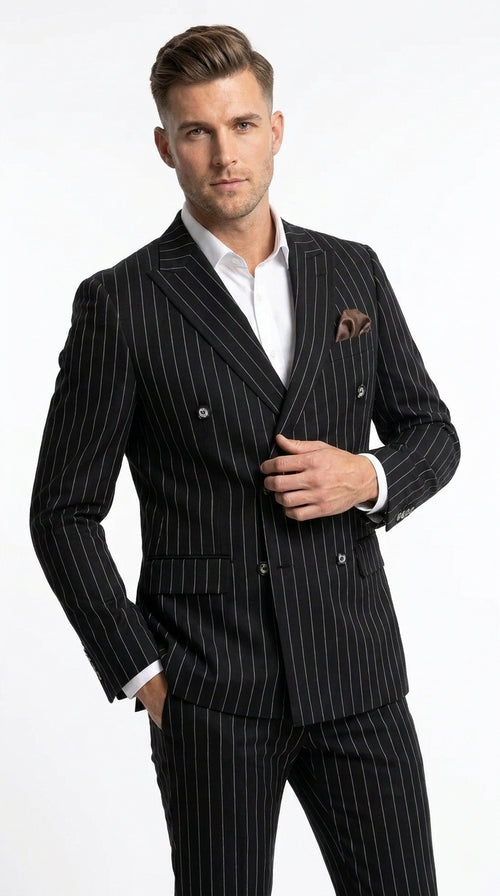 Men's Black Pinstripe Tuxedo Suit – Classic  & 1920s Gangster Formal Wear Vintage 1940s 1930s Look