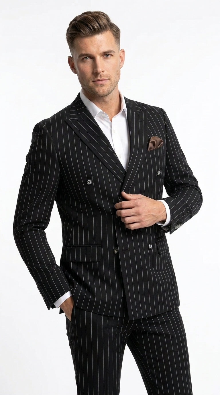 Men's Black Pinstripe Tuxedo Suit – Classic  & 1920s Gangster Formal Wear Vintage 1940s 1930s Look - 34 Short or Extra Small