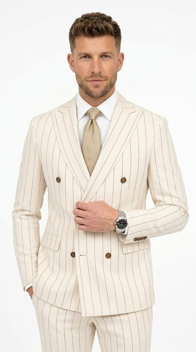 Men’s Cream Off White Pinstripe Linen Pinstripe 2 Piece Double Breasted Suit, Summer Wedding Ivory Color By Vitali - 34 Short or Extra Small