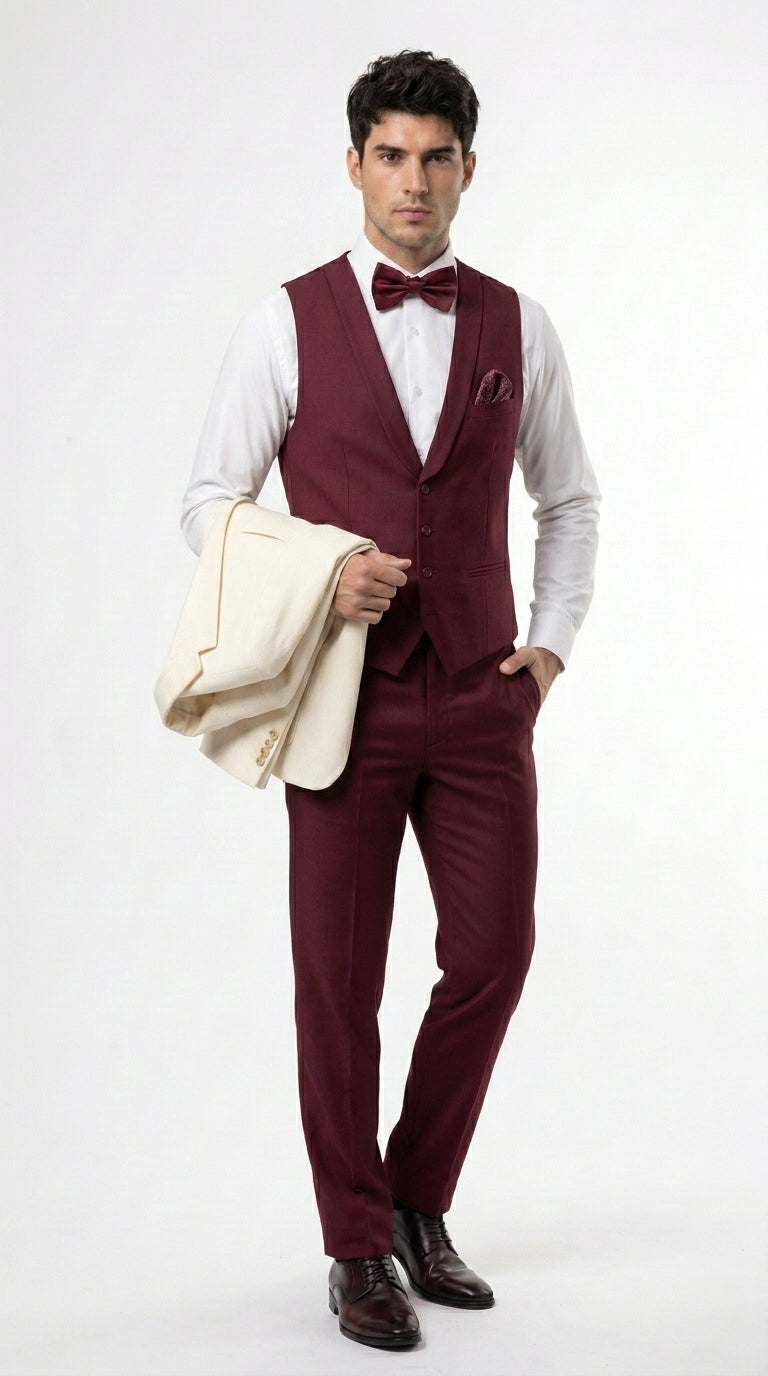 Men’s Cream Ivory and Burgundy 3 Piece Tuxedo Suit, Vested Formal Wedding Prom Dinner Suit in Cream Off White Color