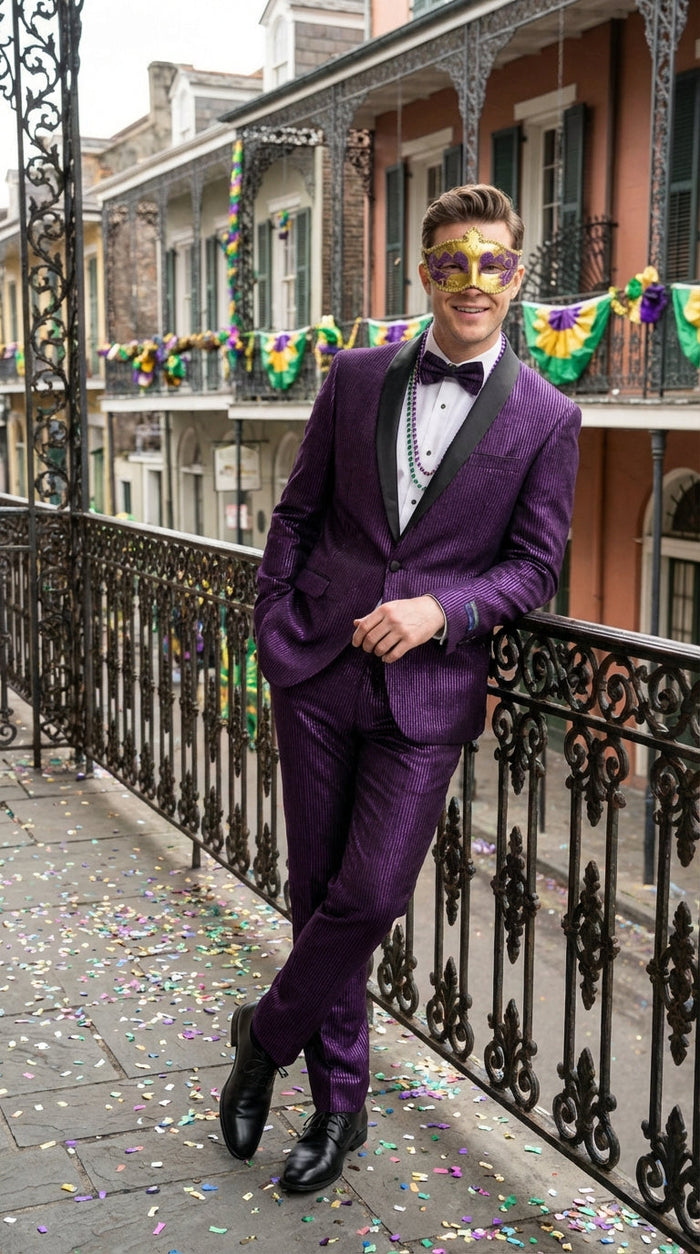 Mens Purple Shimmer Mardi Gras Suit with Black Satin Lapel Shiny Metallic Formal Party and Carnival Suit Sequin Look