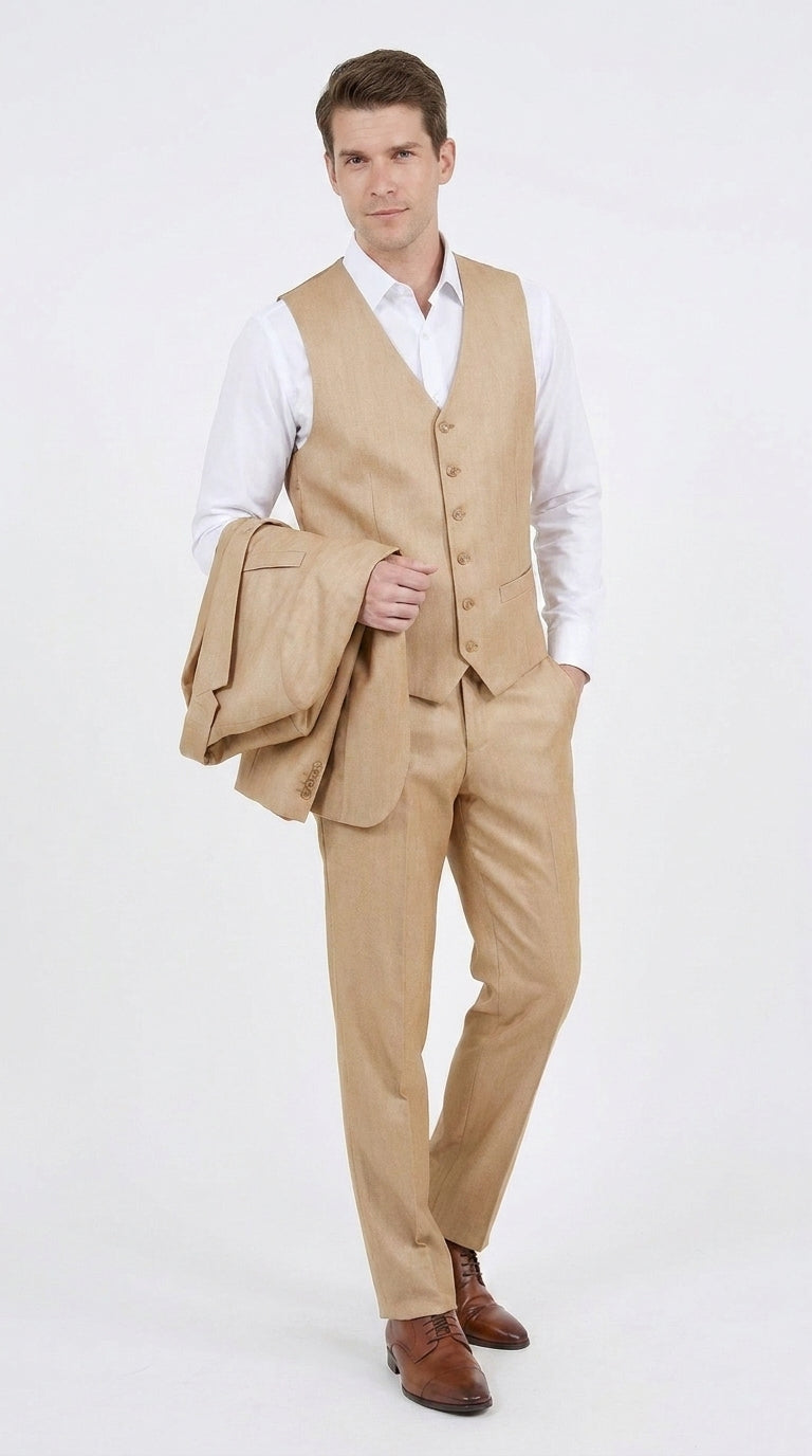 Men’s Camel Khaki Bronze Sharkskin 3-Piece Suit – Modern Wedding, Business and Formal Suit with Matching Vest - 34 Short or Extra Small