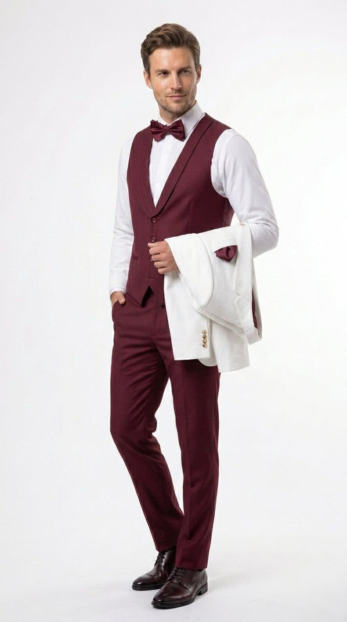 Men’s White and Burgundy 3 Piece Tuxedo Suit, Vested Formal Wedding Prom Dinner Suit Set bowtie included