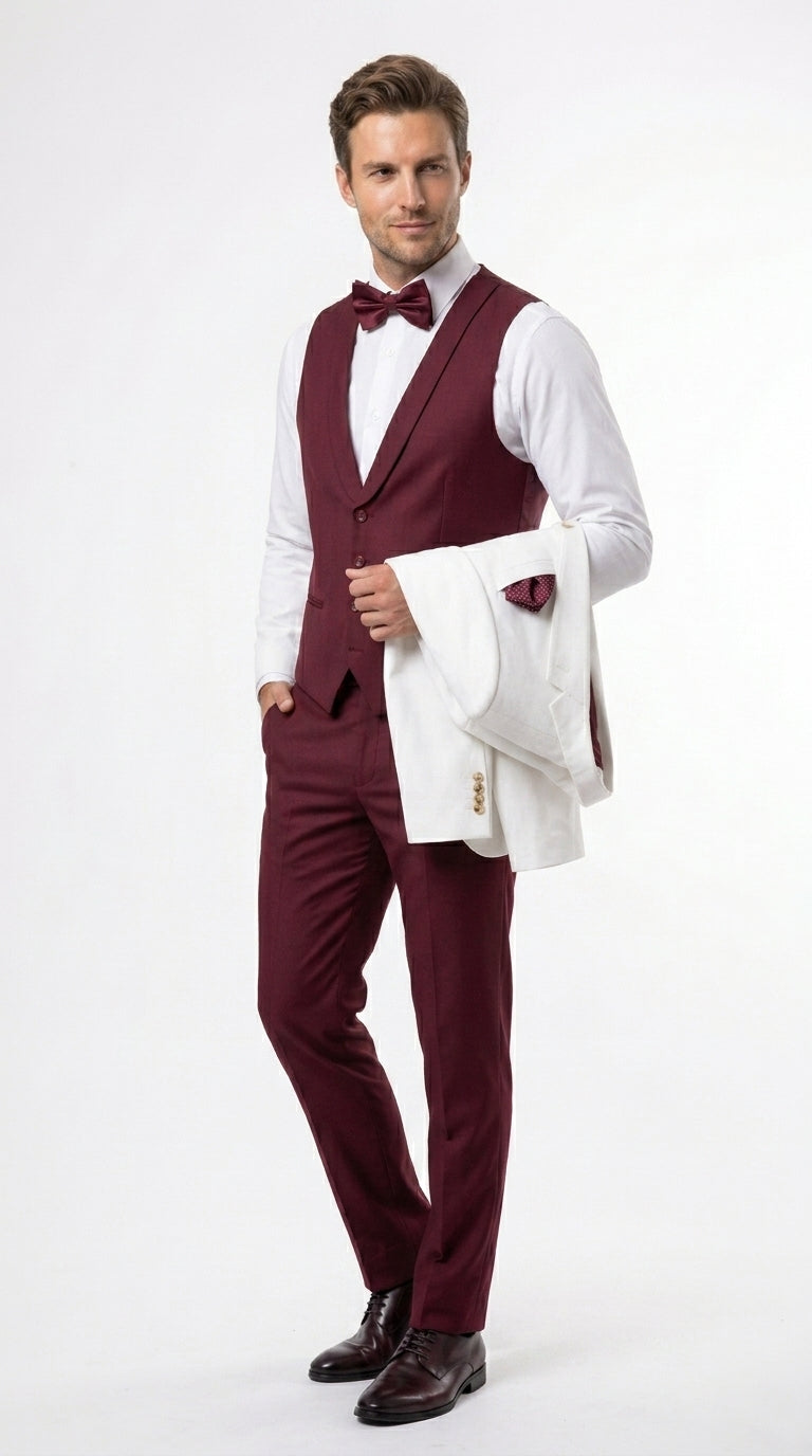 Men’s White and Burgundy 3 Piece Tuxedo Suit, Vested Formal Wedding Prom Dinner Suit Set bowtie included