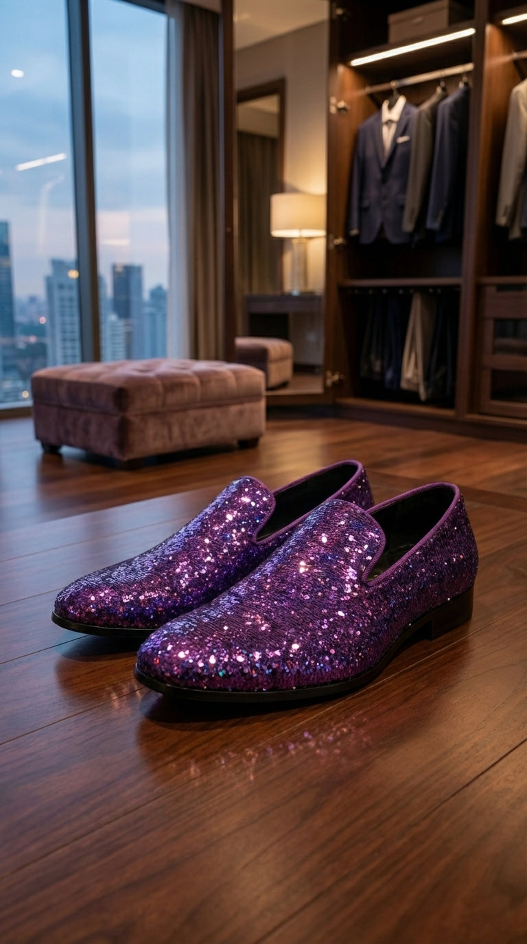 Mens Purple Sequin Dress Shoes Slip on  – Luxury Slip On Formal Loafers Wedding Prom Party Designer Footwear - 6 Standard / D / Medium