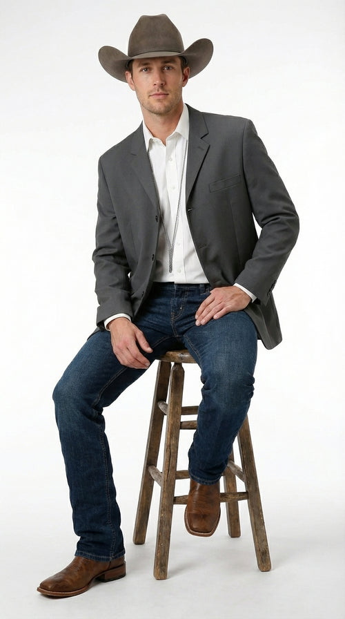 Mens Charcoal Grey Three Buttons Western Blazer – Classic Fit Cowboy Style Three Button Formal Dress Jacket