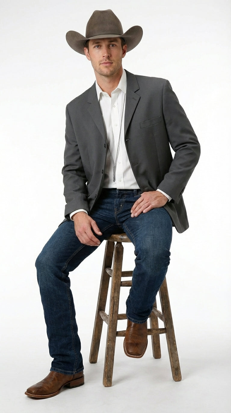 Mens Charcoal Grey Three Buttons Western Blazer – Classic Fit Cowboy Style Three Button Formal Dress Jacket - 34 Short