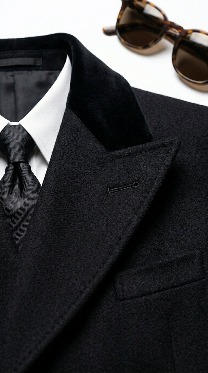 Men’s Black Double Breasted Overcoat, James Bond Inspired Long Formal Coat for Weddings, Business Events, Parties, and Winter Occasions