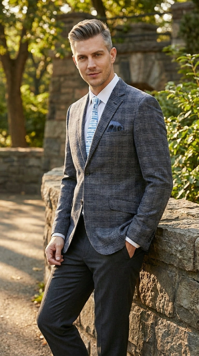 Mens Charcoal Gray with Blue Plaid Pattern Blazer Jacket – Classic Check Pattern Sport Coat for Business, Office, and Smart Casual Wear - 36 Short