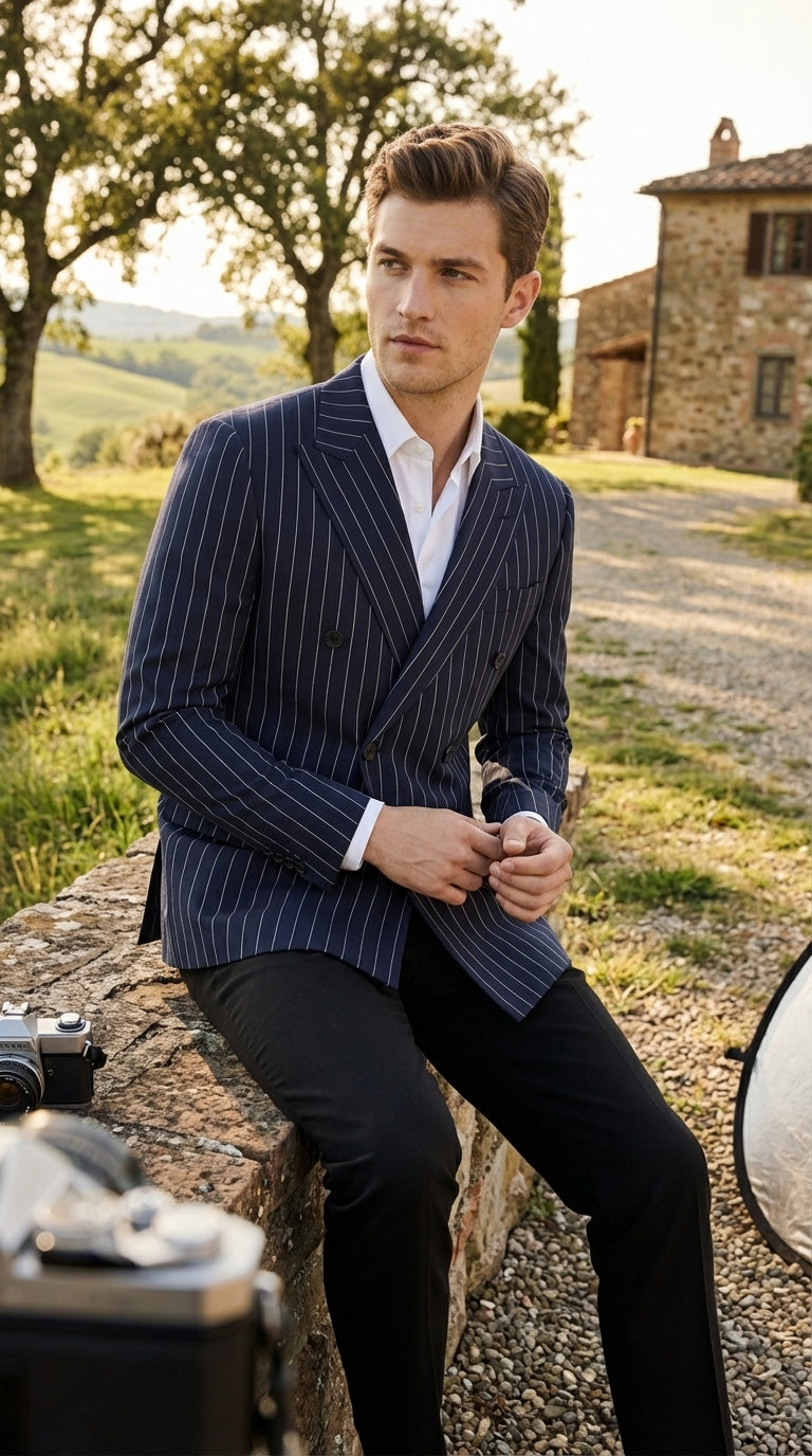 Mens Navy Blue Pinstripe Double Breasted Blazer Sport Coat – Classic Formal Business Jacket for Party and Smart Casual Wear - 36 Short