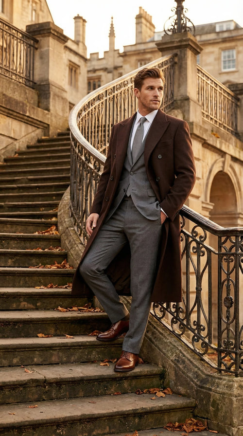 Mens Brown Long Overcoat Double Breasted Classic Formal Winter Coat for Business, Topcoat and Cold Weather Wear