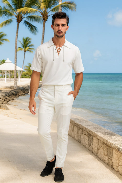 Mens White Lace-Up Renaissance Shirt Linen Fabric Short Sleeve Casual Pirate Peasant Top