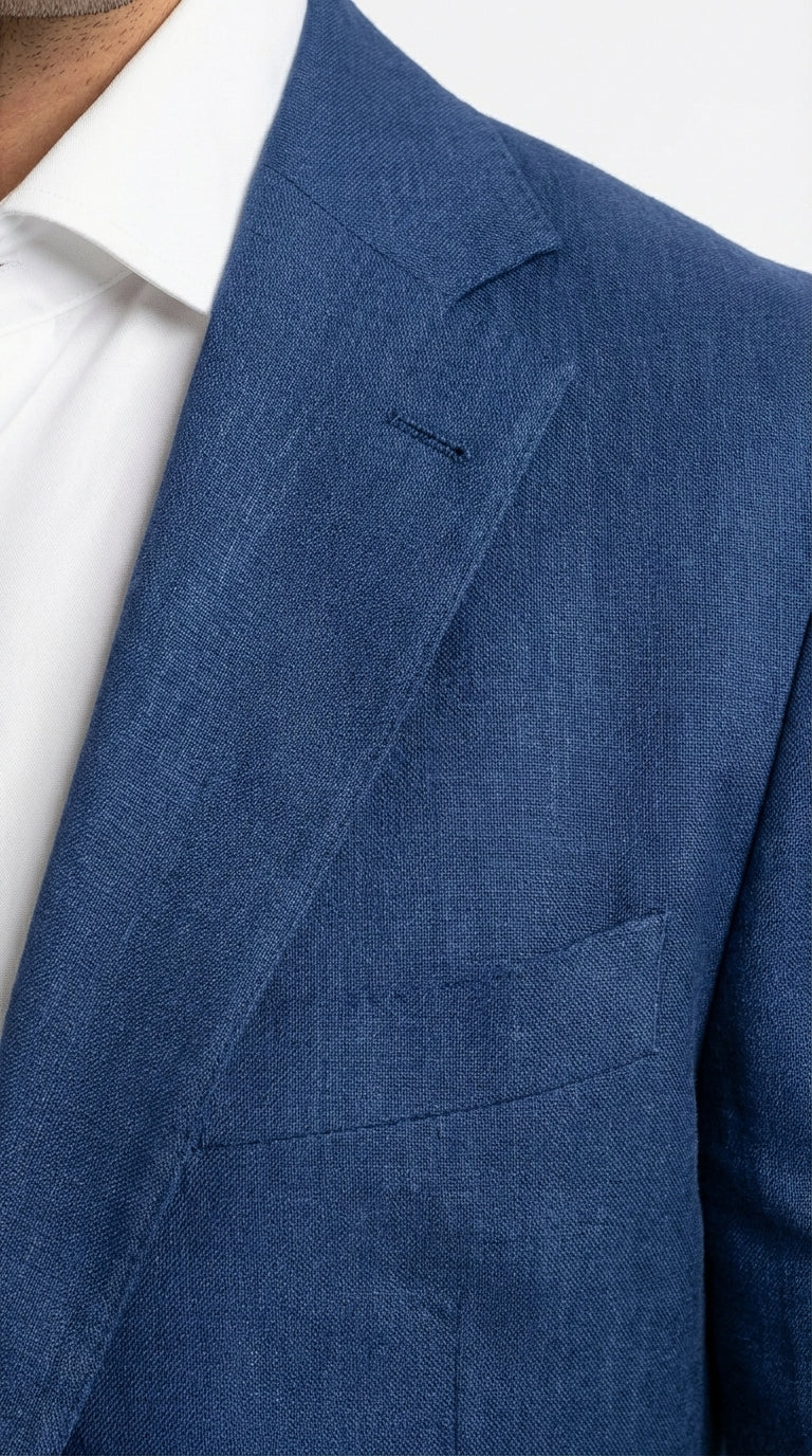 Mens Enzo Tovare Denim Blue Linen Summer Suit – Breathable Two Piece Suit for Wedding, Business, Travel - 34 Short or Extra Small