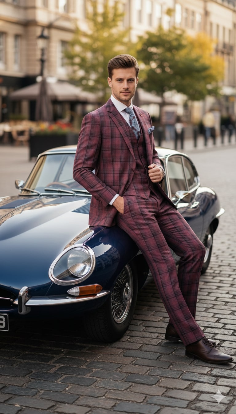 Mens Red Burgundy Plaid 3-Piece Suit – Classic Checkered Modern Fit Suit for Weddings, Church and Formal Events - 34 Short or Extra Small
