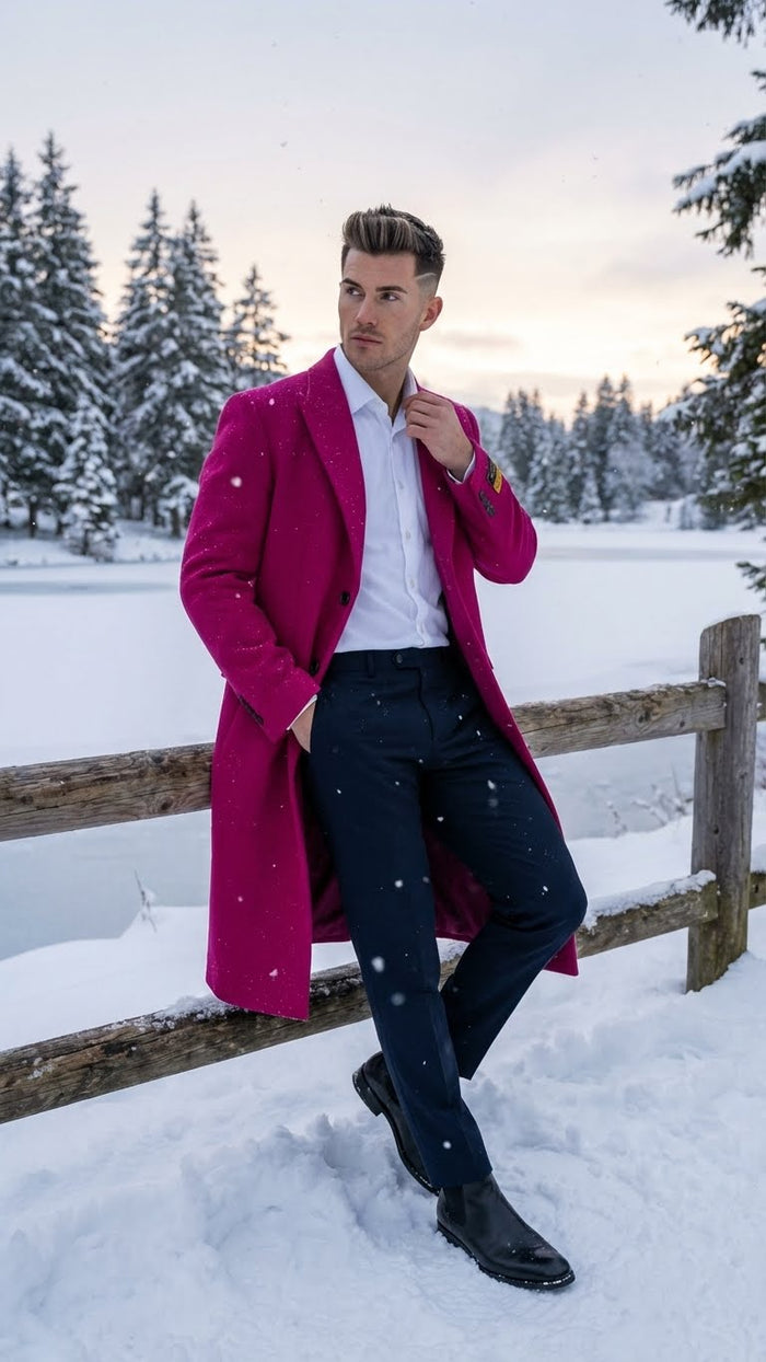 Mens Hot Pink Wool Blend Overcoat Topcoat Carcoat Winter Fabric