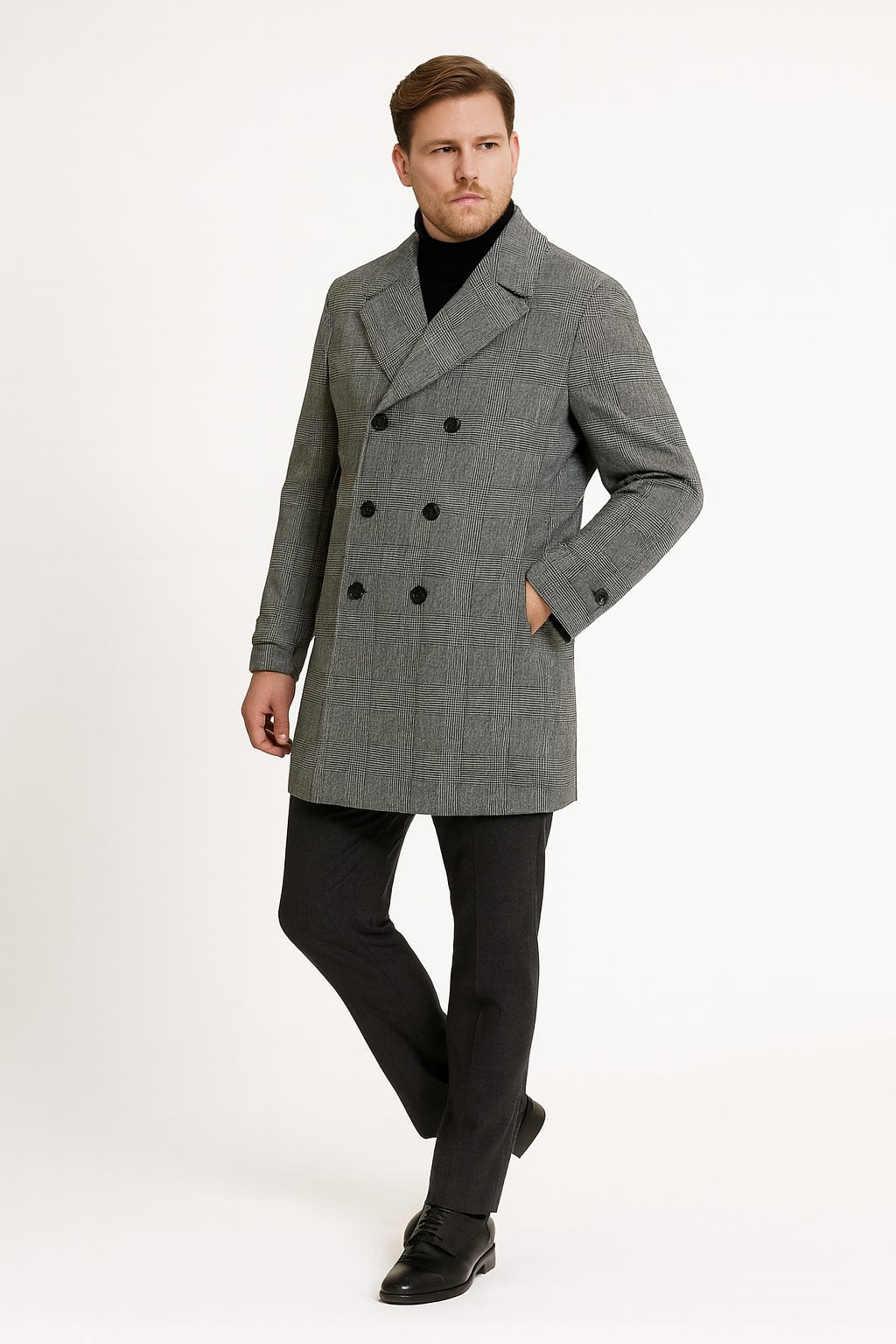 Mens Grey Plaid Double-Breasted Overcoat with Black Faux Fur Collar – Classic Winter Peacoat - Coat Size 38